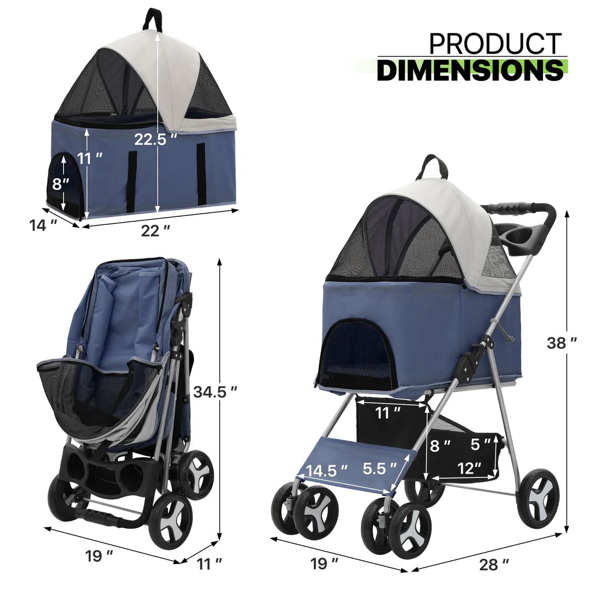 Magshion Foldable Dog Pet Stroller with Cup Holder, 4 Wheel (Navy Blue)