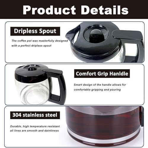 14-Cup Coffee Pot Replacement Carafe Glass Compatible with Cuisinart Coffee Maker Models DCC-2200, DCC-2600, DCC-2800, DCC-3200, DCC-3200P1, DCC-T20, Black