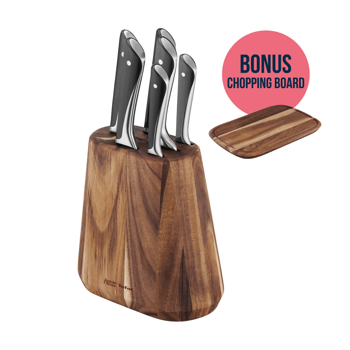 Jamie Oliver by Tefal Knife Block 6pc Set with BONUS Jamie Oliver Medium Wooden Board