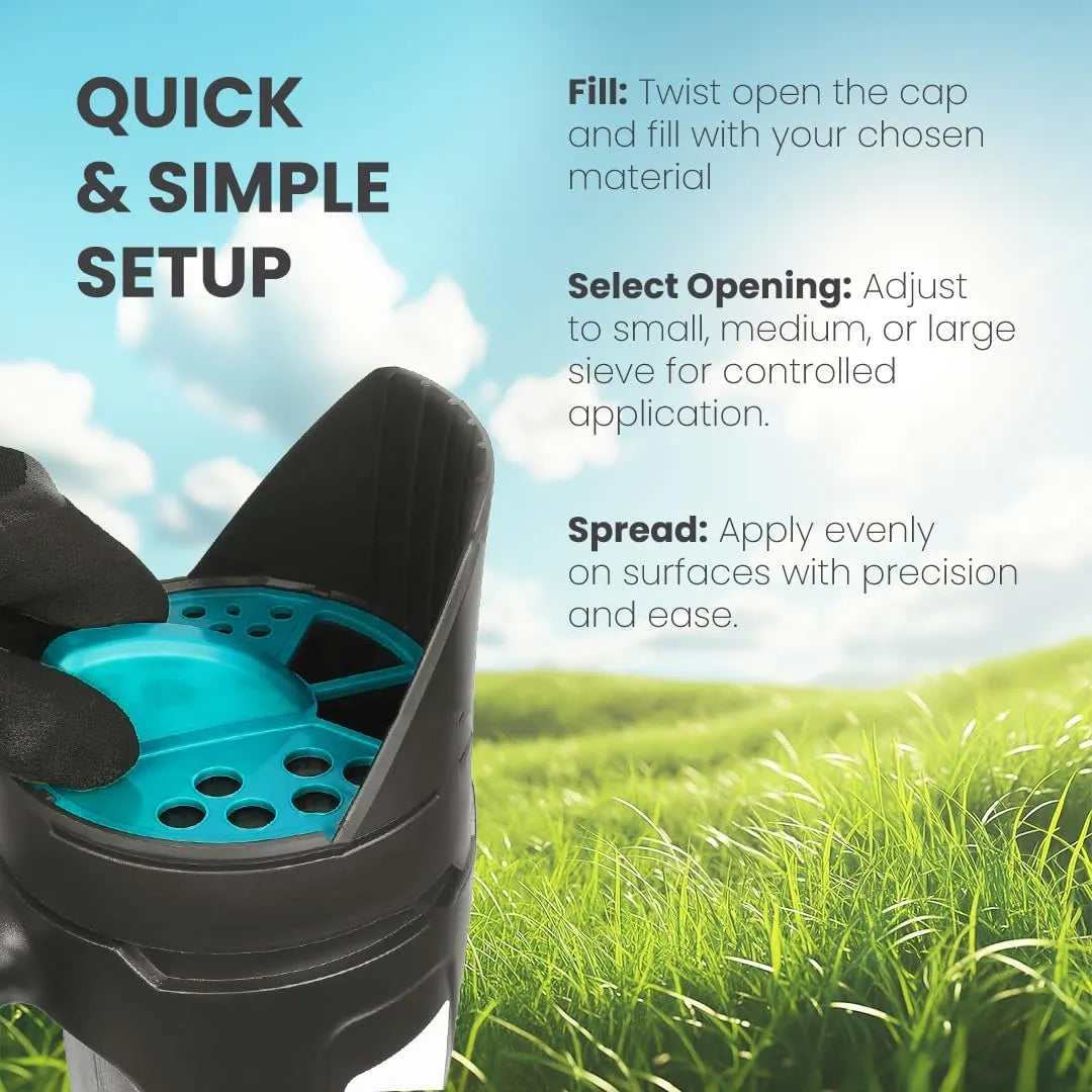 Handheld Seed Spreader for Lawns, Fertilizer, Snow Salt - Multi-use Hand Spreaders for Lawns, Spa & Pool Chemicals with Multiple Size Openings - 2.5L Capacity