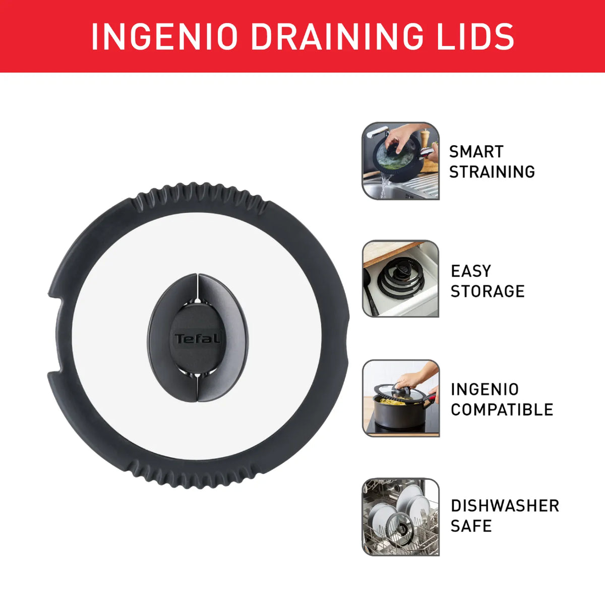 Tefal Ingenio Accessory - Set of 3 Draining Lids (16, 18, 20cm)