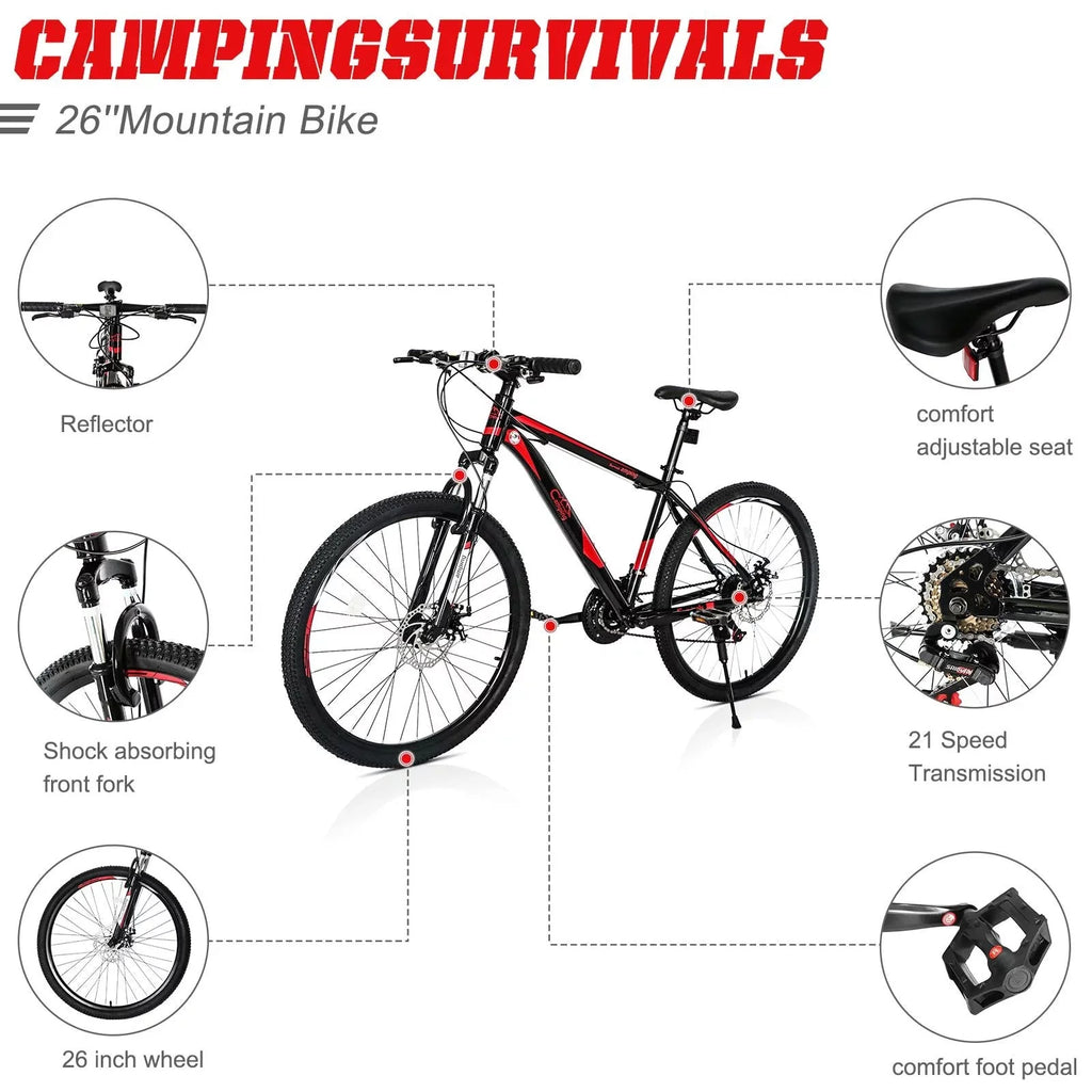 CamPingSurvivals 26 Lightweight Explorer Mountain Bike, for Men and Women Exercise Fitness, 21-Speed, Red/Black