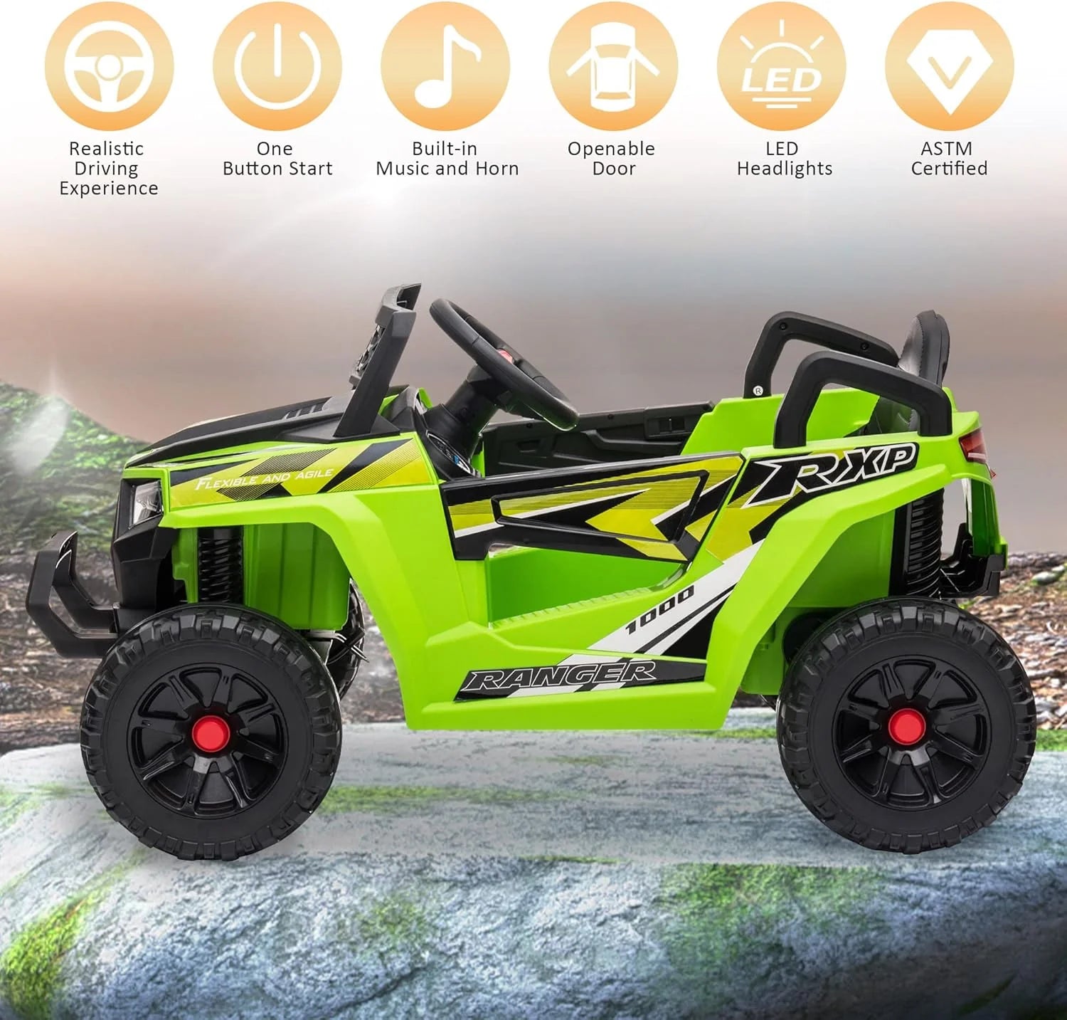 TOBBI 12V Kids Ride on Car, Electric Off-Road UTV Truck with Diverse Functions, Double Open Doors, Safety Belt, Horn, Music, and Lights for Kids Aged 3-5 Years (Rose Red)