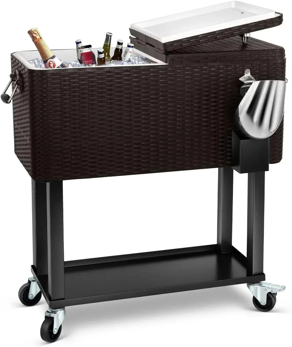 EDOSTORY 80 Quart Rolling Ice Chest Cooler Cart,Patio Backyard Party Drink Beverage Bar Stand Up Cooler Trolley with Ice Scoop
