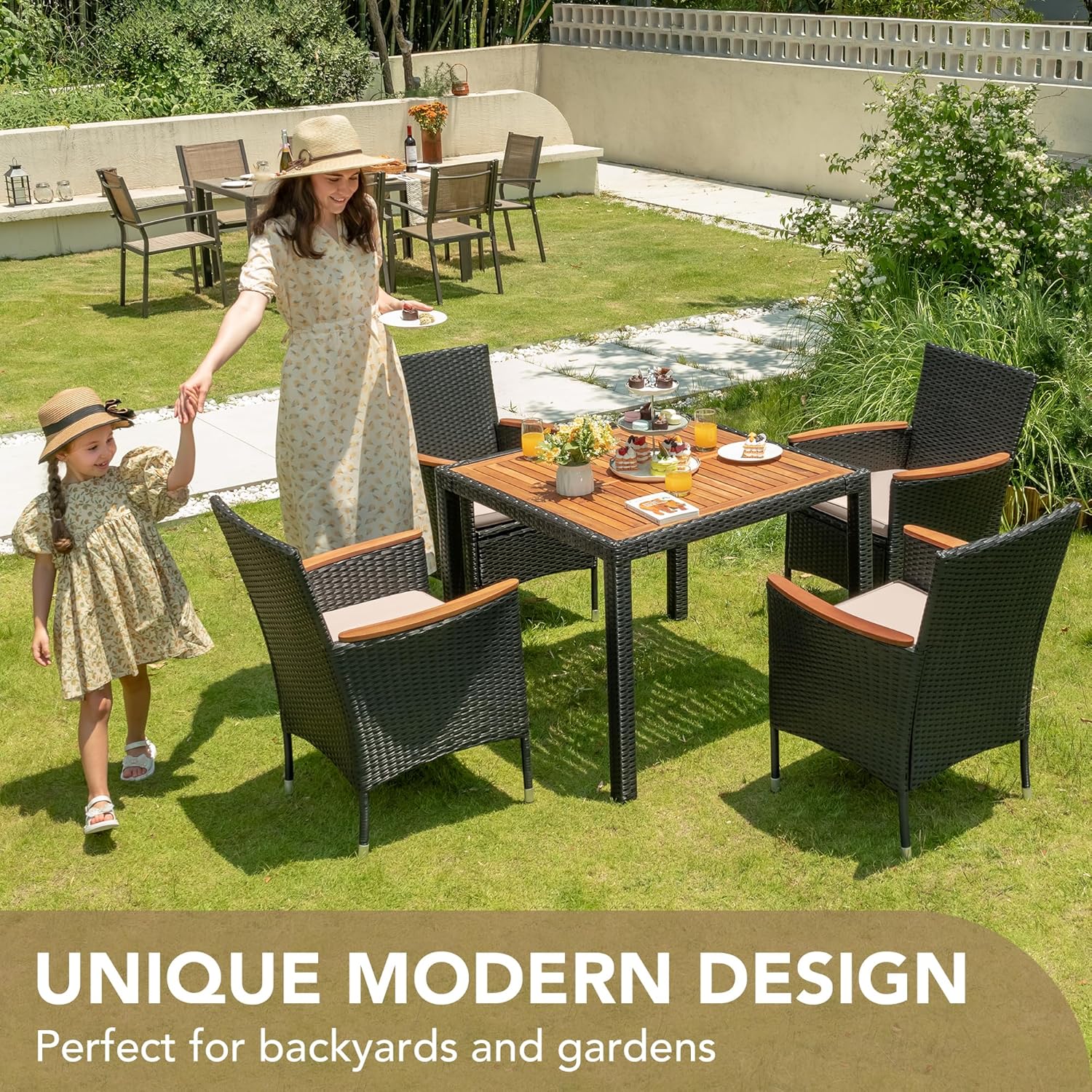 Devoko Dining 7 PCS Furniture, Patio Conversation Set with Acacia Wood Table Top, Rattan Outdoor, Black
