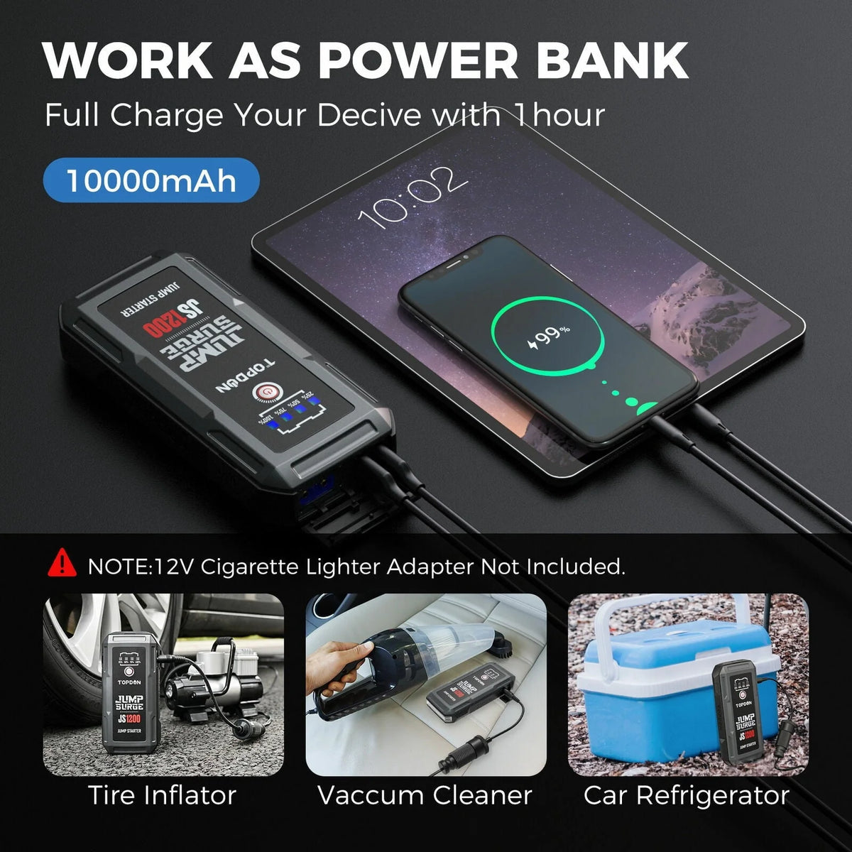 Topdon JS1200 Car Jump Starter 10000mAh 1200A 12V Car Battery Booster Jumper Box Powerbank