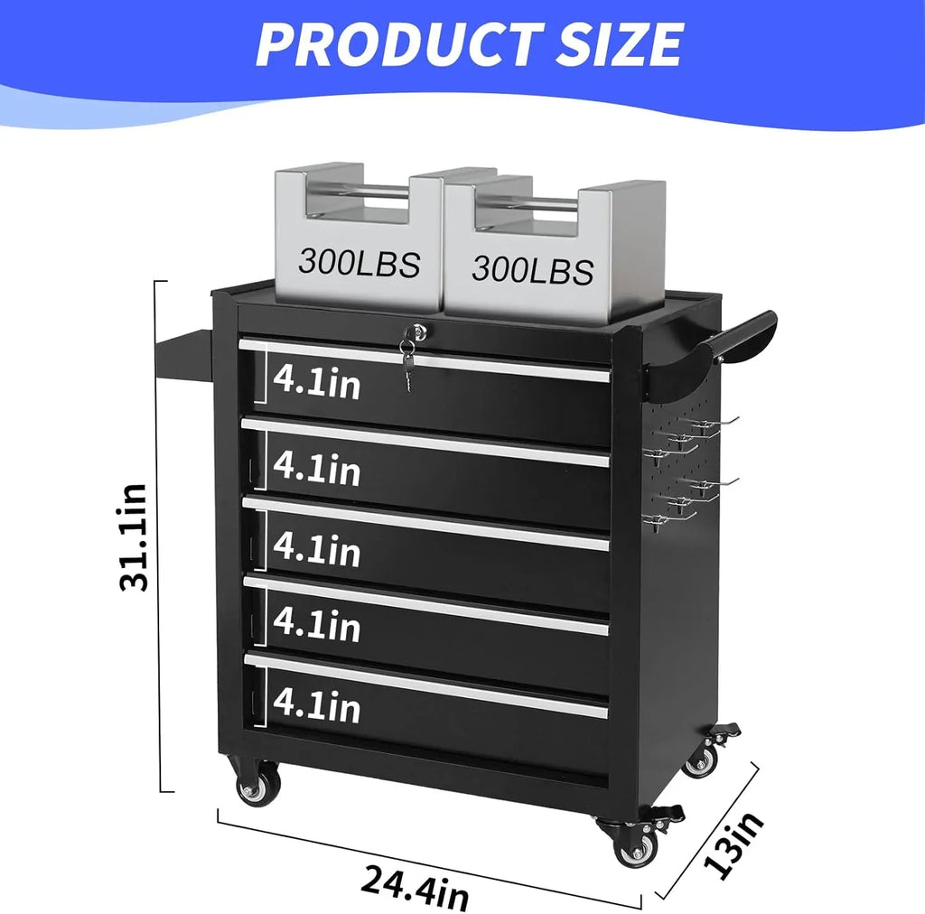 5 Drawers Rolling Tool Chest, Metal Tool Box with Lock Garage Storage Cabinets Sliding Tool Drawer Cart on Wheels Toolbox Organization Workbench for Workshop Warehouse Repair Shop