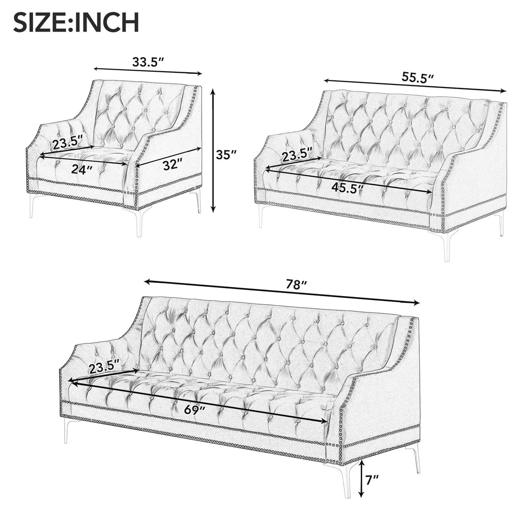 78 Modern Sofa Dutch Plush Upholstered Sofa with Metal Legs, Button Tufted Back Blue