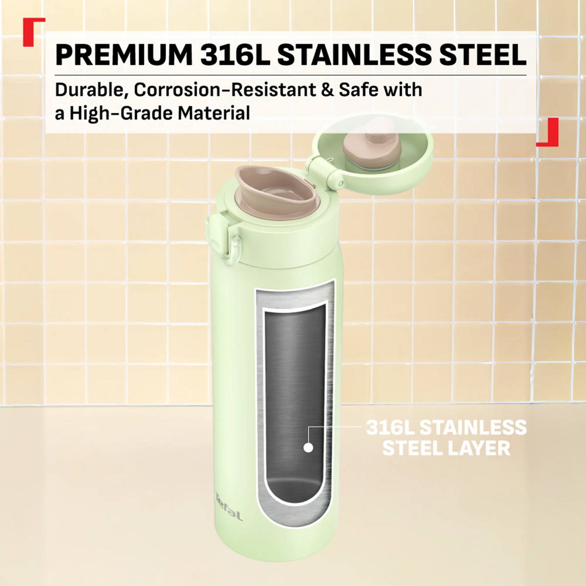 Tefal Easy to Go Stainless Steel Drink Bottle 500ml in Mint Green