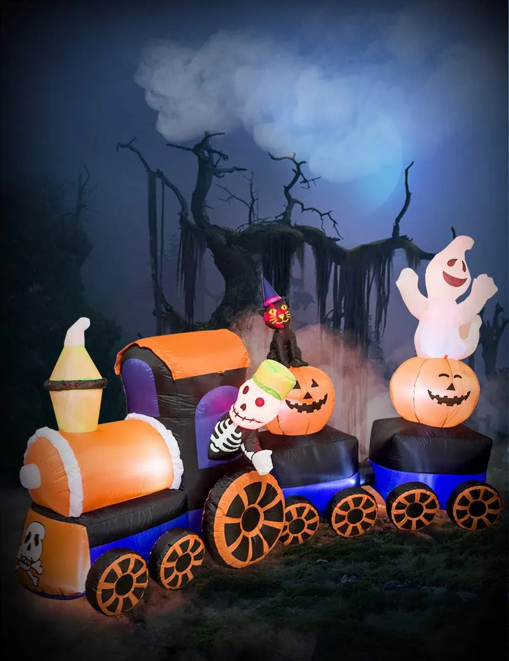 9 Feet Halloween Inflatable Train with Kittens White Ghosts/Pumpkin with LED Lights Blow up Lighted Yard Decor Giant Lawn Halloween Inflatable Home Garden Party Favor Decoration
