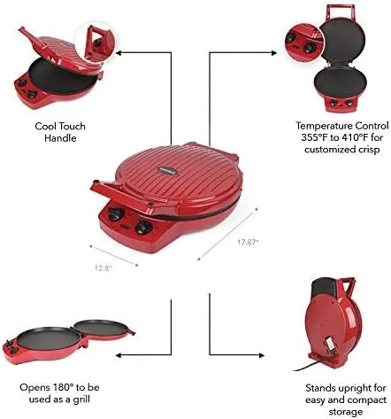 Courant Pizza Maker, 12 Inch Pizza Cooker and Calzone Maker, with Timer &Temperatures control, 1440 Watts Pizza Oven convert to Electric indoor Grill, Red