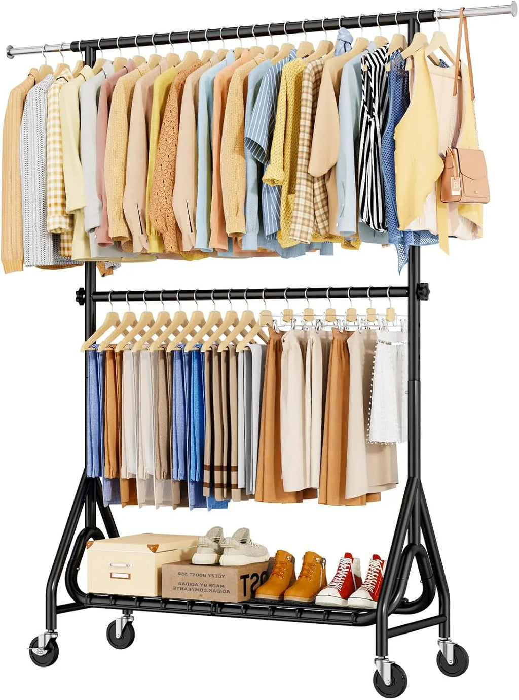 Heavy Duty Clothing Rack, Metal Clothes Rack Load 450 LBS, Rolling Coat Racks for Hanging Clothes with Lockable Wheels, Wardrobe Closet Garment Racks for Bedroom, Silver