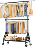 Heavy Duty Clothing Rack, Metal Clothes Rack Load 450 LBS, Rolling Coat Racks for Hanging Clothes with Lockable Wheels, Wardrobe Closet Garment Racks for Bedroom, Silver