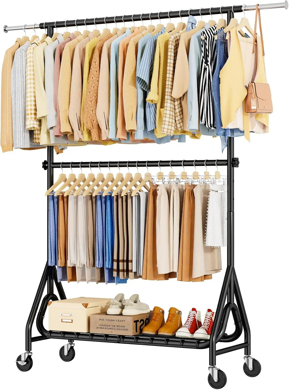 Heavy Duty Clothing Rack, Metal Clothes Rack Load 450 LBS, Rolling Coat Racks for Hanging Clothes with Lockable Wheels, Wardrobe Closet Garment Racks for Bedroom, Silver