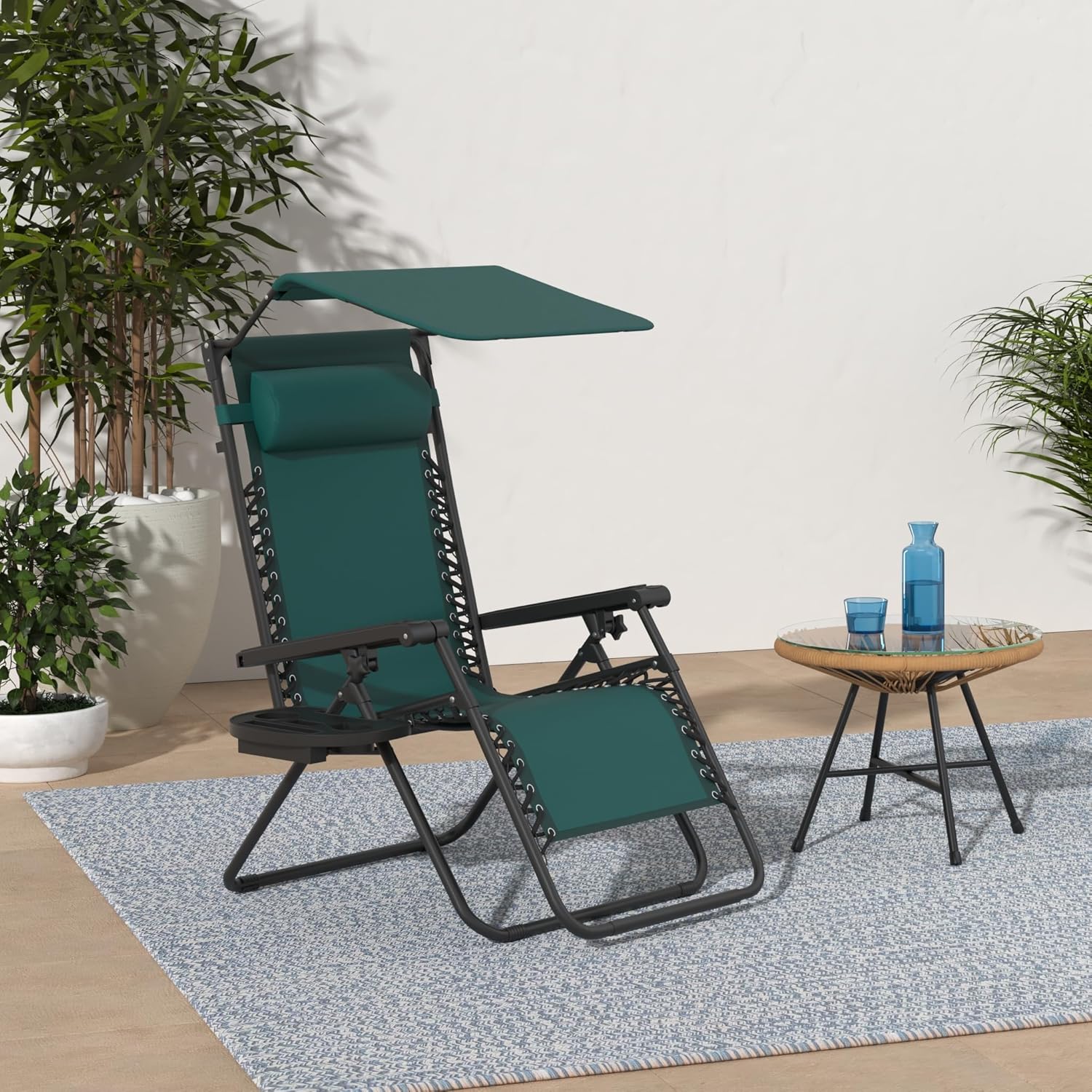 Best Choice Products Folding Zero Gravity Outdoor Recliner Patio Lounge Chair w/Adjustable Canopy Shade, Headrest, Side Accessory Tray, Textilene Mesh - Peacock Blue