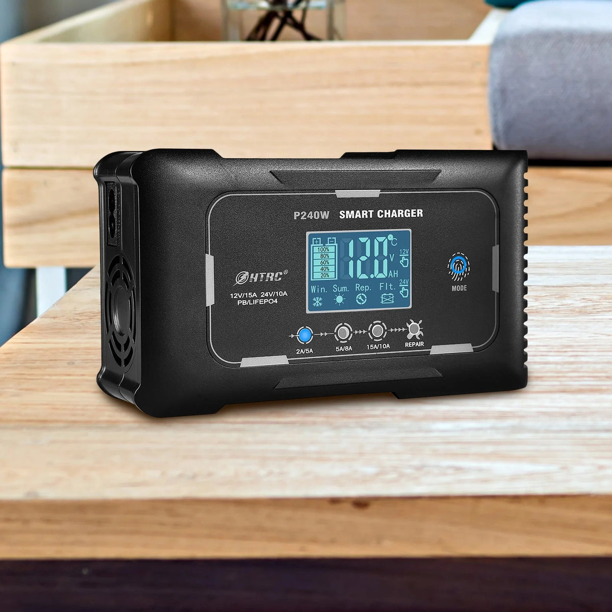 HTRC Automatic 12V/24V 15A Car Battery Charger for RV PB LIFEPO4 AGM (EU)