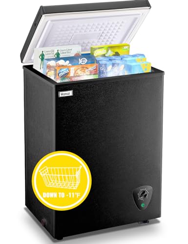 3.5 Cubic Feet Chest Freezer Small Deep Freezers with Removable Storage Basket Free Standing Top Door Compact Freezer 7 Gears Temperature Control for Office Dorm Apartment