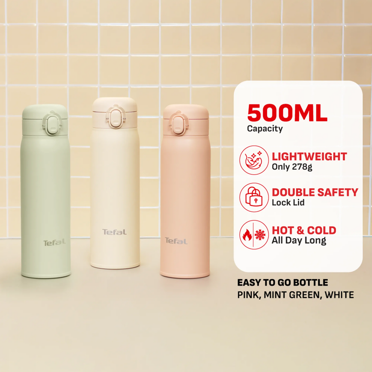 Tefal Easy to Go Stainless Steel Drink Bottle 500ml in Pink