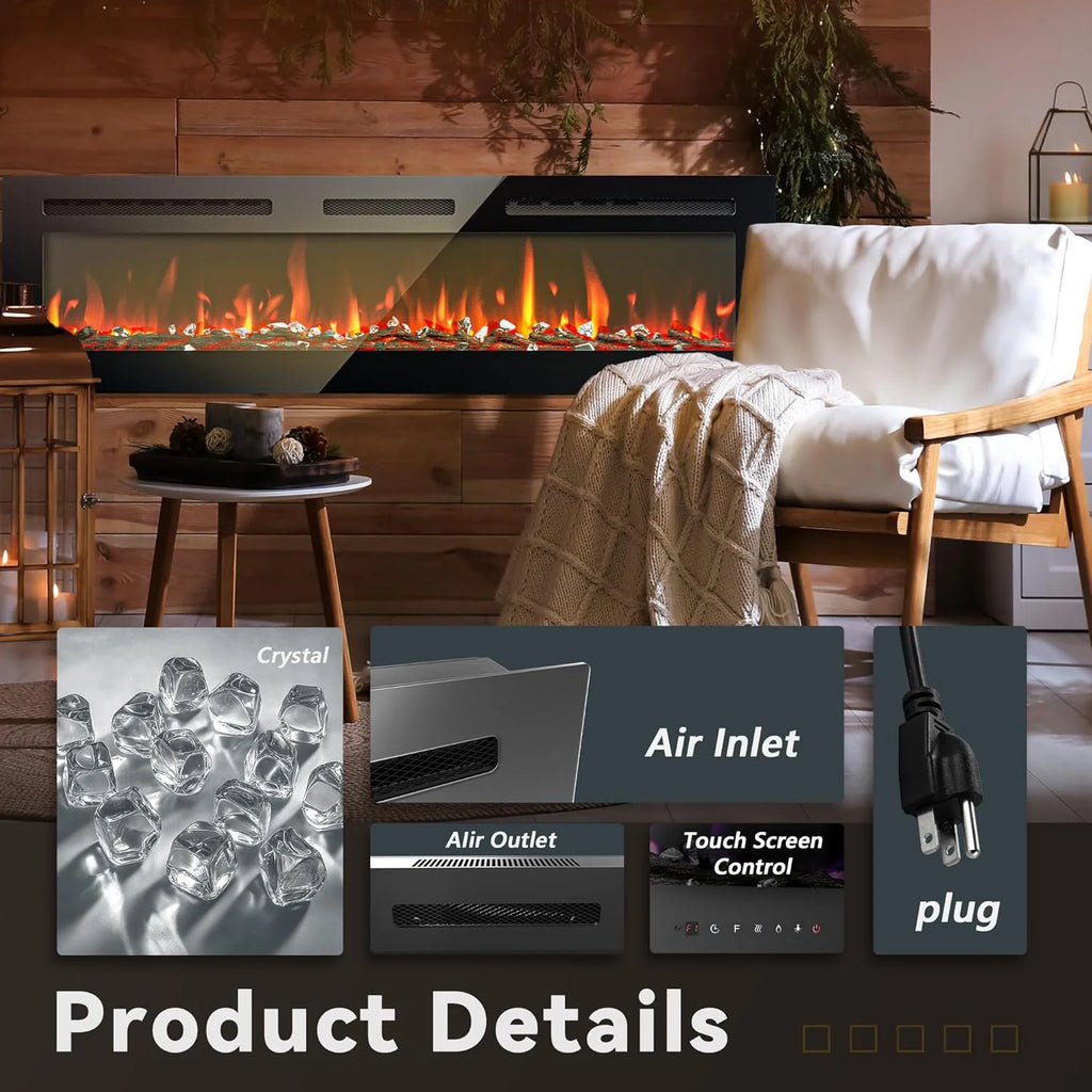 EUHOMY 50 Inch Electric Fireplace Wall Recessed and Wall Mounted with Adjustable Flame Color, Fireplace Heater with Remote Control, Linear Fireplace with Timer, Touch Screen, Log & Crystal, 750/1500W