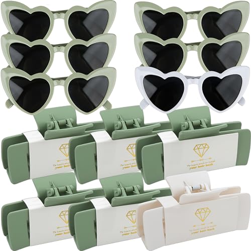 12pcs Bridesmaid Proposal Gifts 4.1inch square Bachelorette hair Claw Clip heart Sunglasses set of 6 Girls Trendy gift for Wedding Party Favors(White&Sage Green)