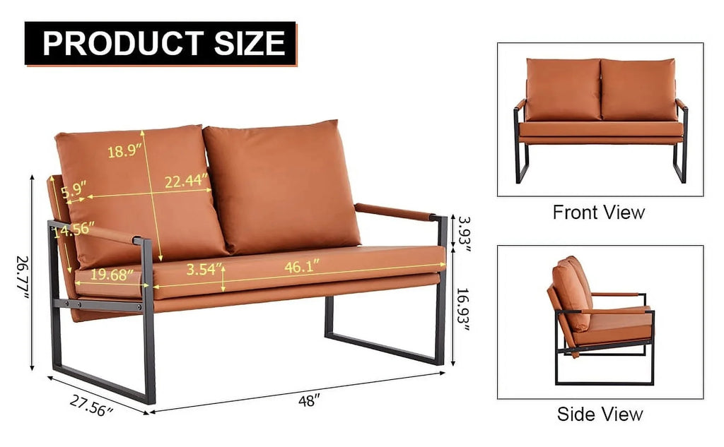 Modern Two-Seater Sofa Chair with 2 Pillows - PU Leather High-Density Foam Black Coated Metal Frame.Brown SF-D008