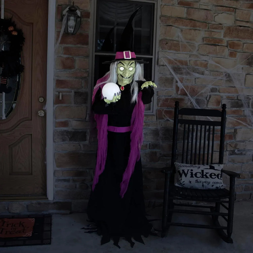 Haunted Hill Farm 6-Ft. Tall Fortune Teller Witch, Plug-in Motion-Activated Talking Scare Prop Halloween Animatronic for Indoor or Covered Outdoor Creepy Decorations