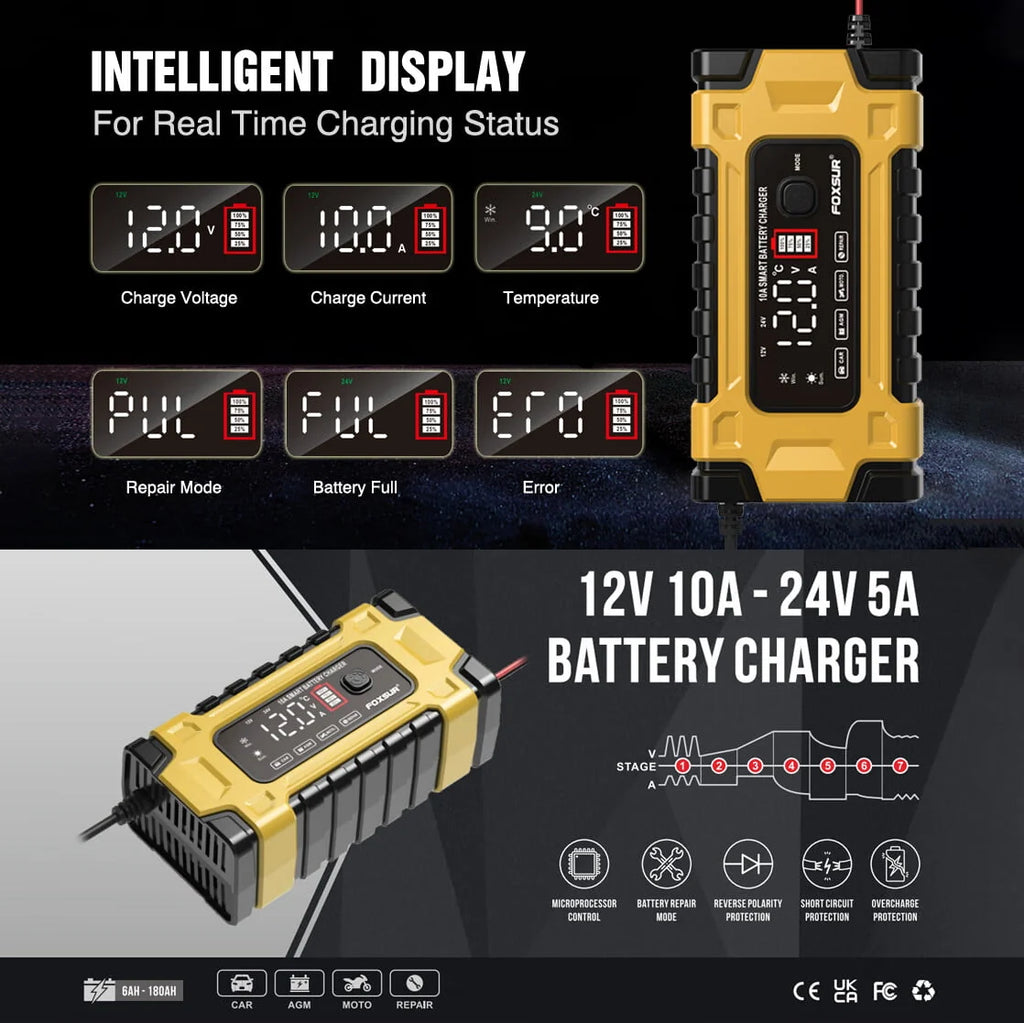 FASLMH Battery Charger 10A 24V5A Smart Automatic Car Battery Charger with LCD Screen Pulse Repair Charger Pack Battery Maintainer for Car, Lawn Mower, Motorcycle, Boat, SUV and More