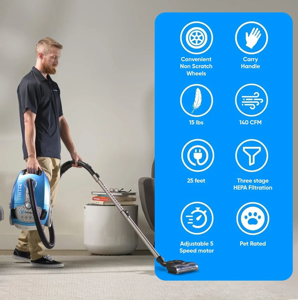 Prolux Tritan Bagged Canister Vacuum Cleaner, HEPA Filtration, Complete Home Care Tool Kit, Pet Hair No More, Adjustable Power Setting, Blue