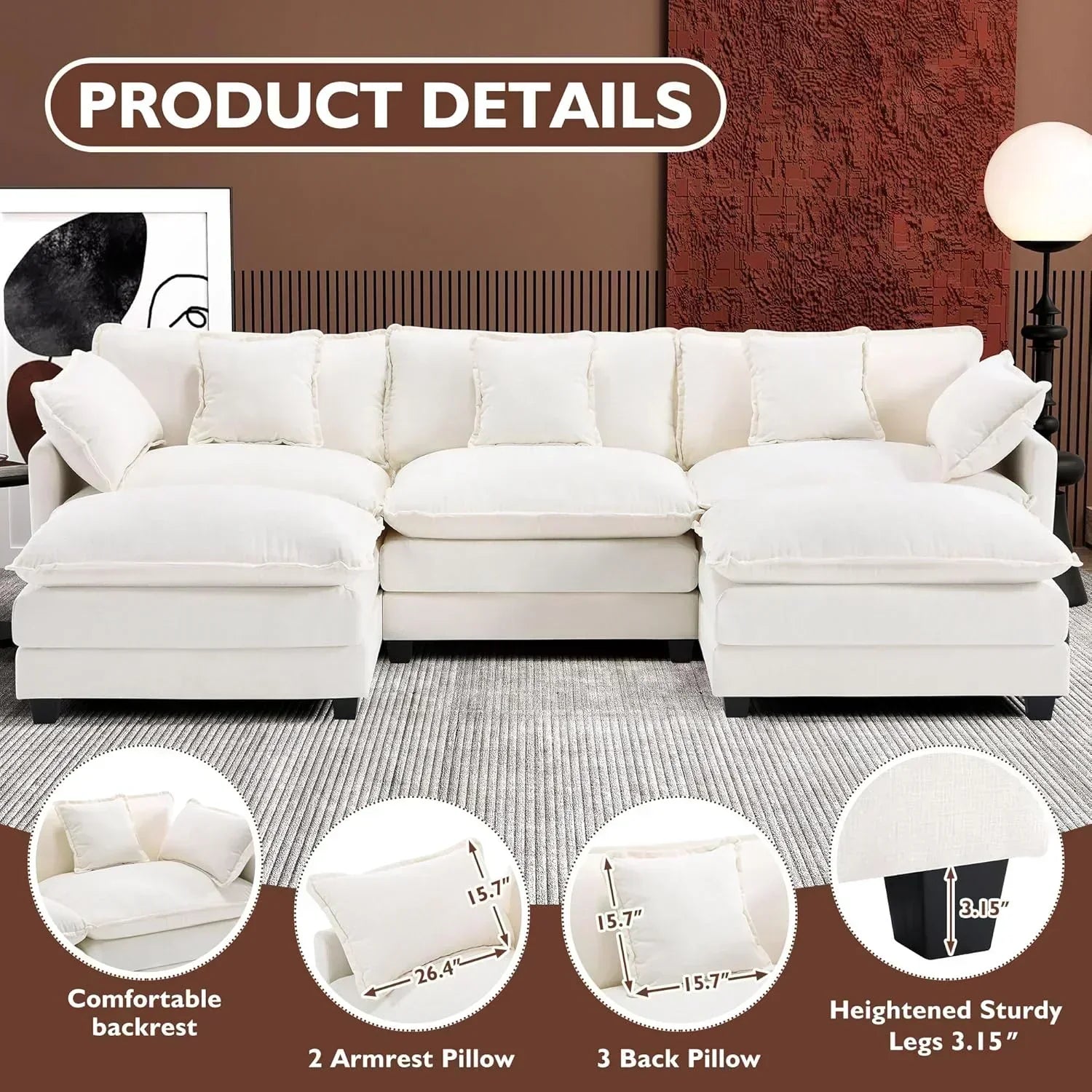 ihanherry 146-inch U-shaped modern sofa modular area cloud sofa
