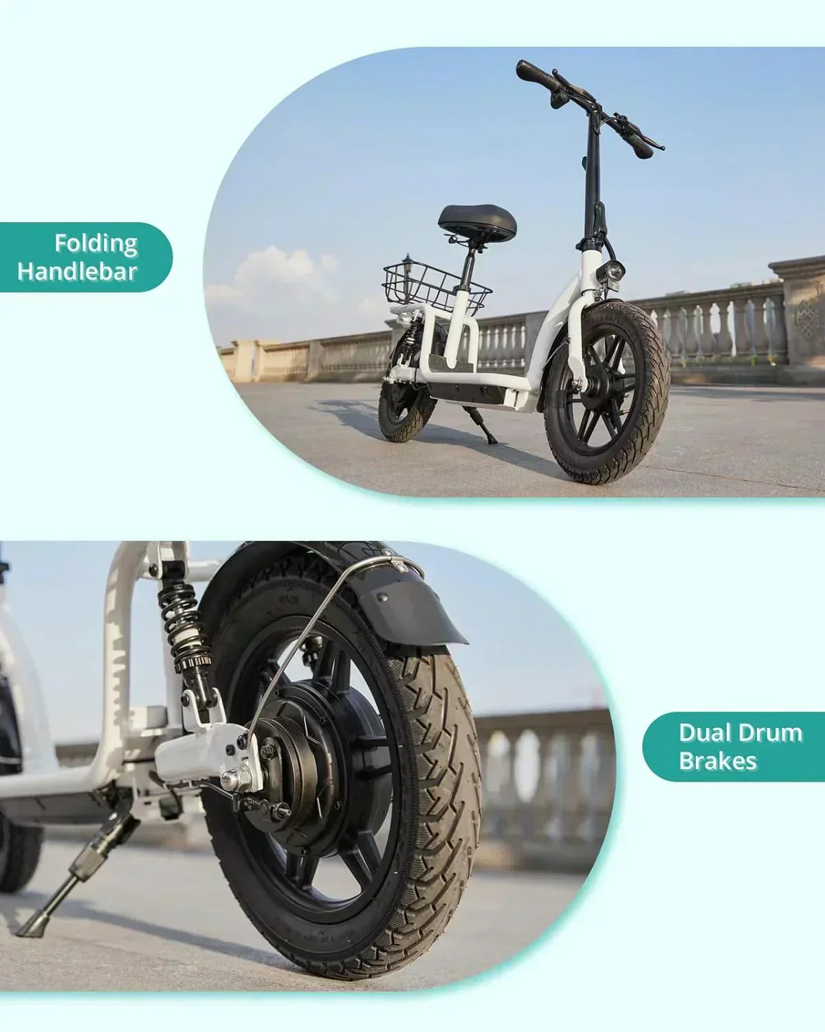 Gotrax adult electric scooter with seat maximum range of 19-25 miles all-terrain tires wide pedals