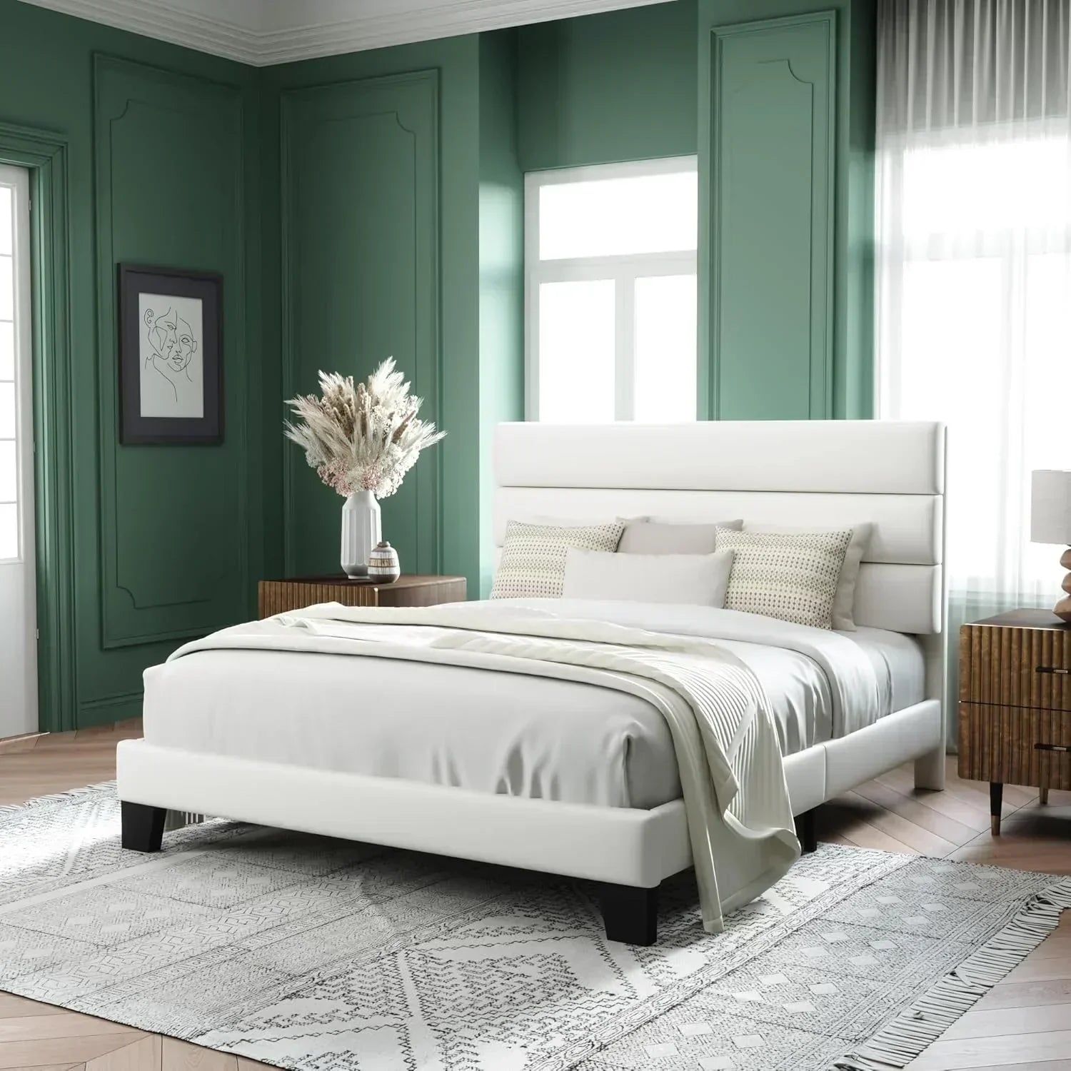 Allewie Queen Size Platform Bed Frame with Fabric Upholstered Headboard Wooden Slats Support