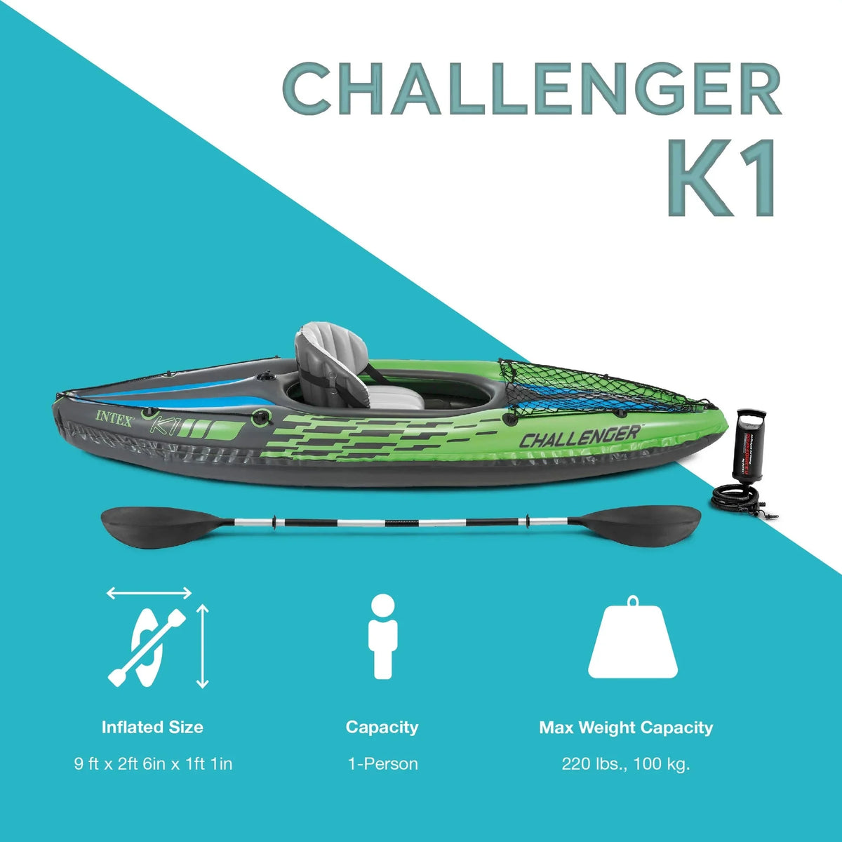 Intex Challenger K1 Single Person Inflatable Fishing Kayak Set Accessory Kit Oars & Pump