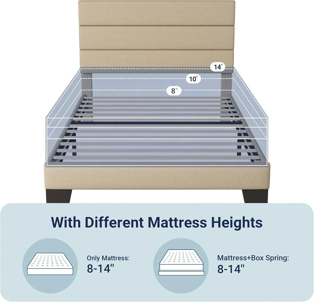 Allewie Queen Size Platform Bed Frame with Fabric Upholstered Headboard Wooden Slats Support