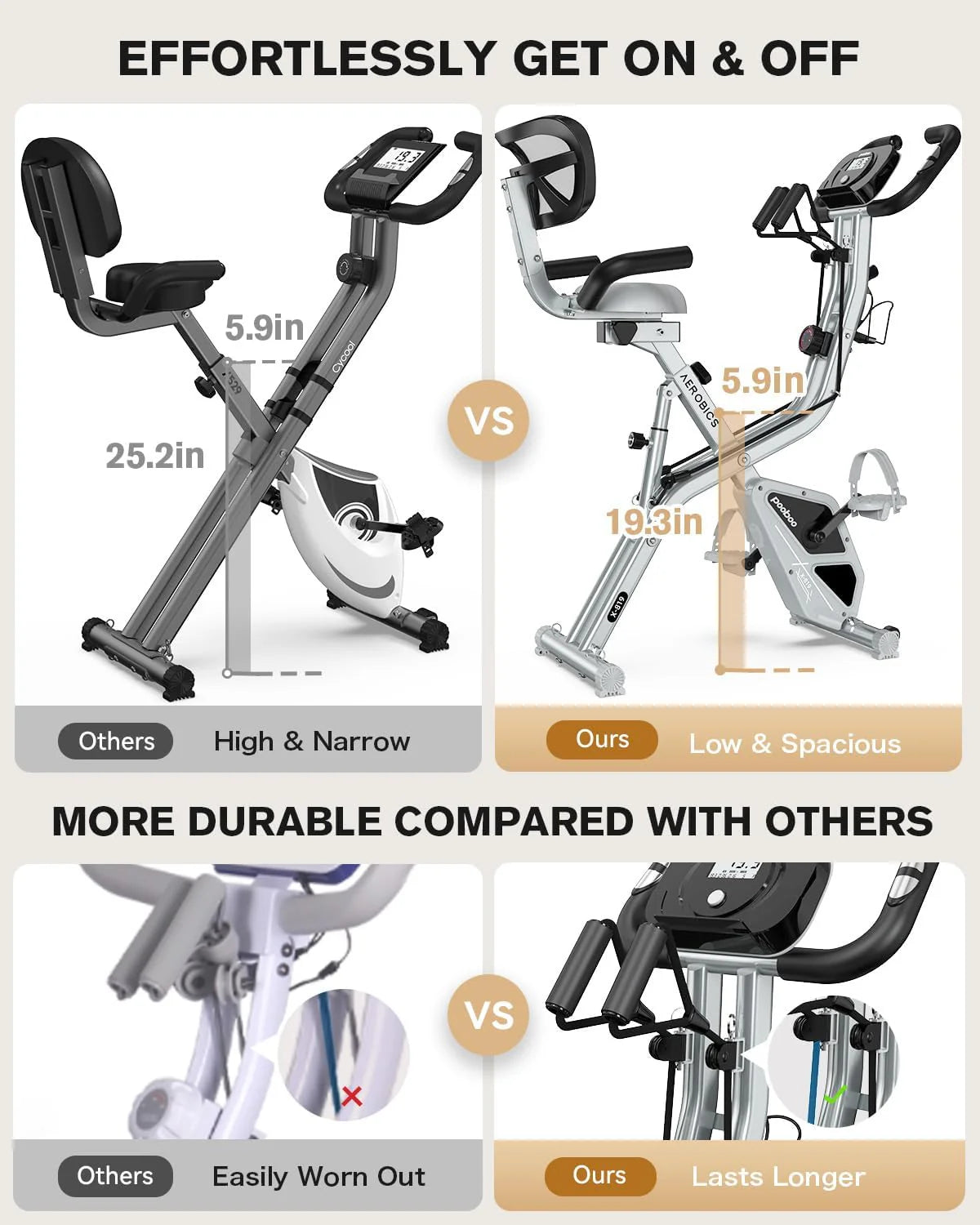 pooboo Folding Exercise Bike, Foldable Fitness Stationary Bike Machine, Upright Indoor Cycling Bike, Magnetic X-Bike with 8-Level Adjustable Resistance, Bottle Holder & Back Support Cushion for Home Gym Workout