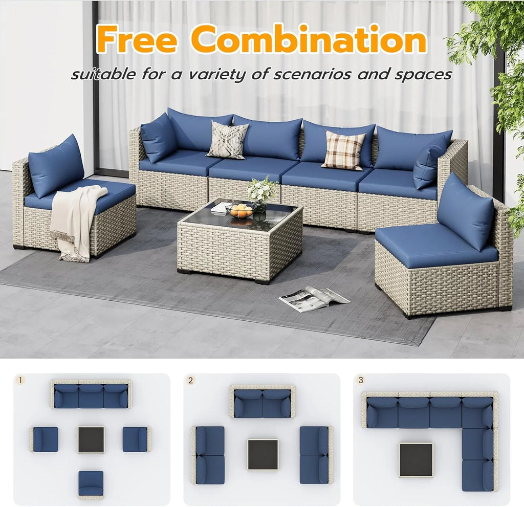 UDPATIO Outdoor Patio Furniture Set, 7-Piece PE Wicker Sectional Sofa with Tea Table, Outdoor Conversation Set for Patio, Garden, Backyard Green