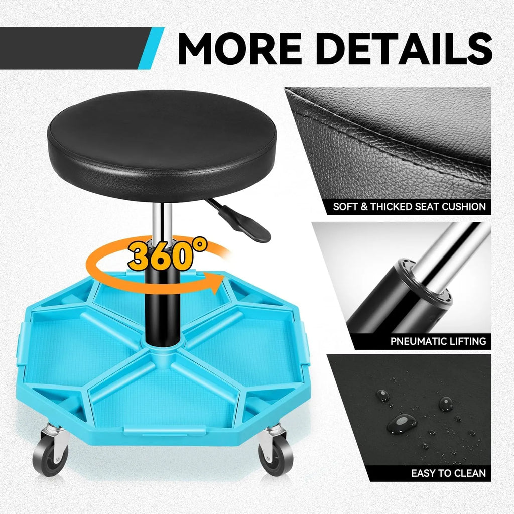 Mechanic Stool, Adjustable Rolling Pneumatic Creeper Garage Shop Seat with Tool Tray, 300 LBS Roller Seat for Workshop Auto Repair, Adjustable Height 15.7 to 21, Black/Blue