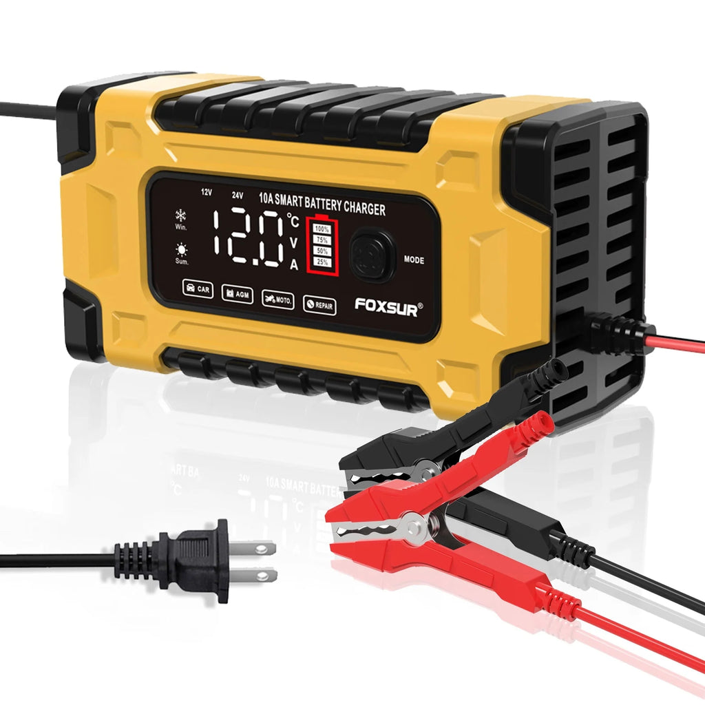 FASLMH Battery Charger 10A 24V5A Smart Automatic Car Battery Charger with LCD Screen Pulse Repair Charger Pack Battery Maintainer for Car, Lawn Mower, Motorcycle, Boat, SUV and More