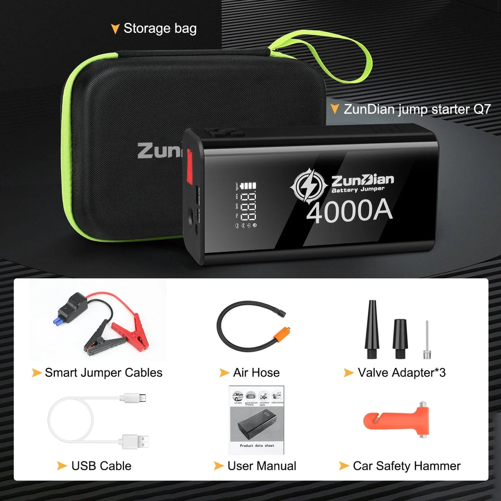 Jump Starter with Air Compressor, 4000A Portable Battery Jump Starter, 150PSI Digital Tire Inflator, 12V Jump Box Battery Power Pack(10.0L Gas/8.0L Diesel), Jumper Cables, QC 3.0, Included Gifts