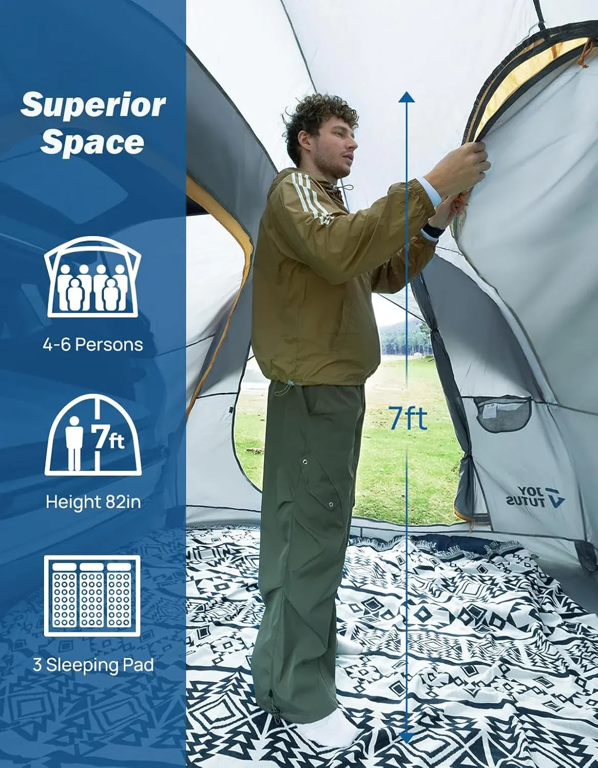Tent for Camping with Rainfly, Double Door Design Car Tent with Aluminum Poles, SUV Tailgate Tent with Waterproof PU2000mm Double Layer for 4-8 Person, Orange