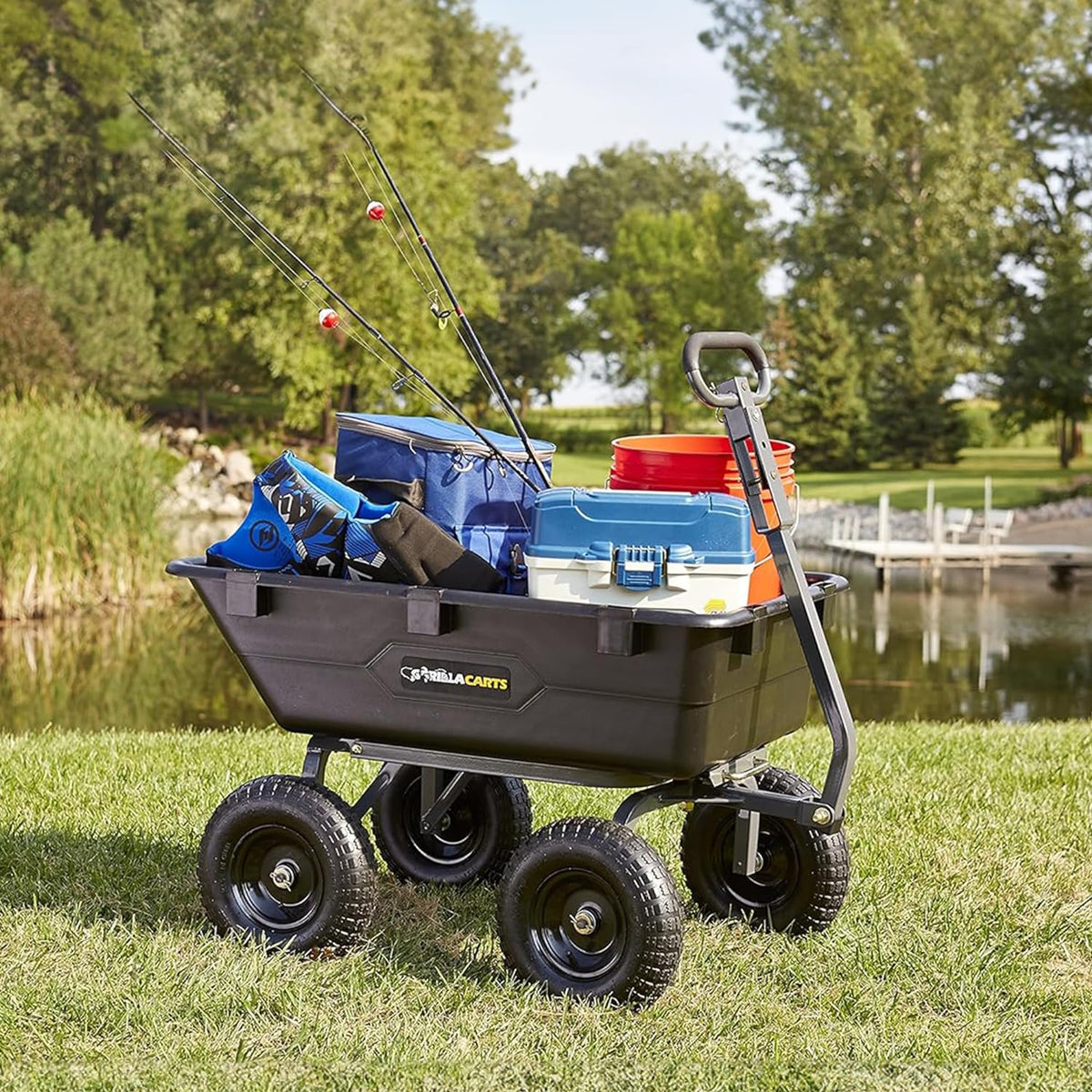 Heavy Duty Poly Utility Dump Wagon Garden Cart w/Pneumatic Tires, 6 Cu Ft - 1200 lb Capacity Outdoor Wheelbarrow for Yard, Landscaping & Gardening, Lawn Tractor or ATV Towable-Gorilla Carts