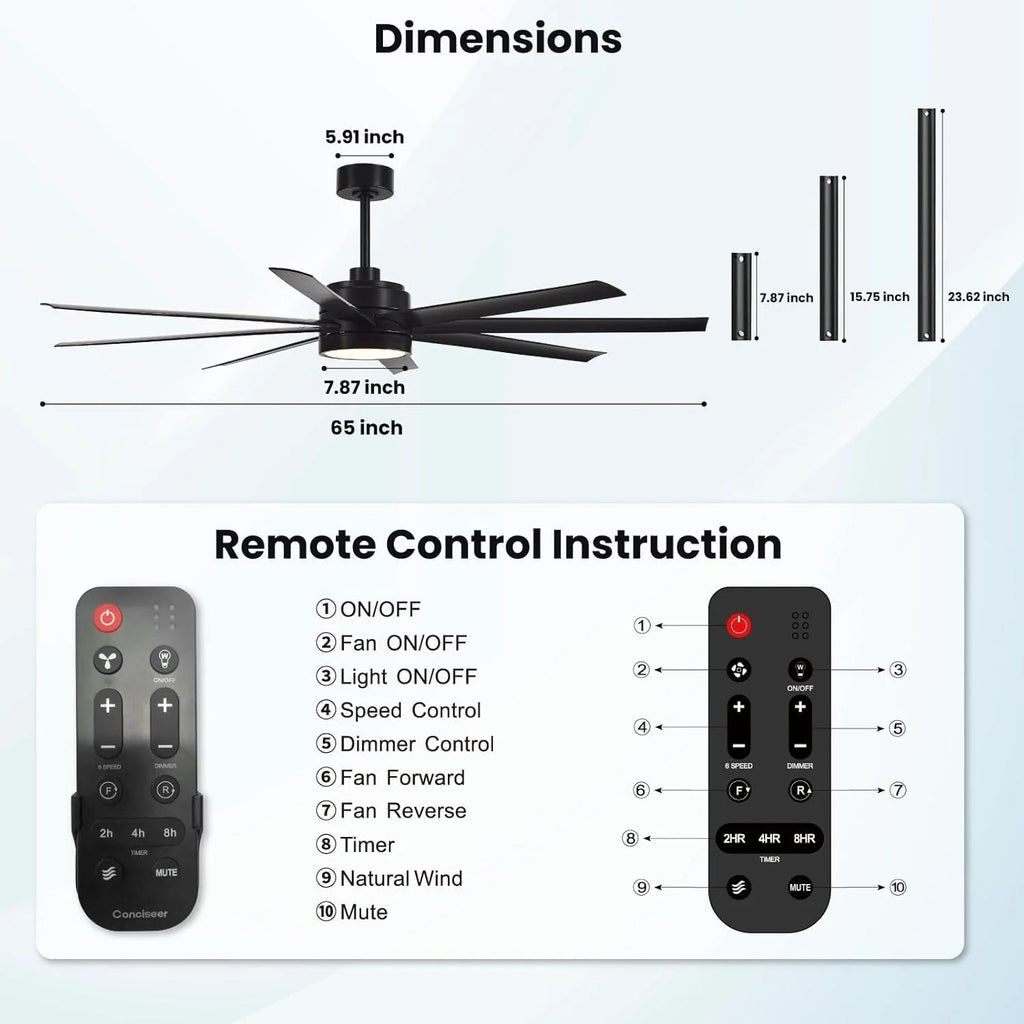 Modern Ceiling Fans with Lights, 72 Inch Ceiling Fan with Light and Remote, Bedroom Living Room Library Cafe Outdoor/Industrial,24W 3CCT Dimmable, 8 Blades 6 Speed Reversible Quiet DC Motor, Black