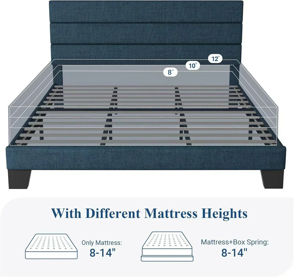 Allewie King size platform bed frame with velvet upholstered headboard and planks