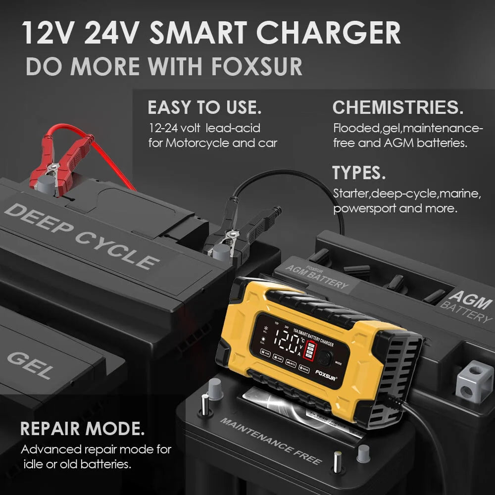 FASLMH Battery Charger 10A 24V5A Smart Automatic Car Battery Charger with LCD Screen Pulse Repair Charger Pack Battery Maintainer for Car, Lawn Mower, Motorcycle, Boat, SUV and More