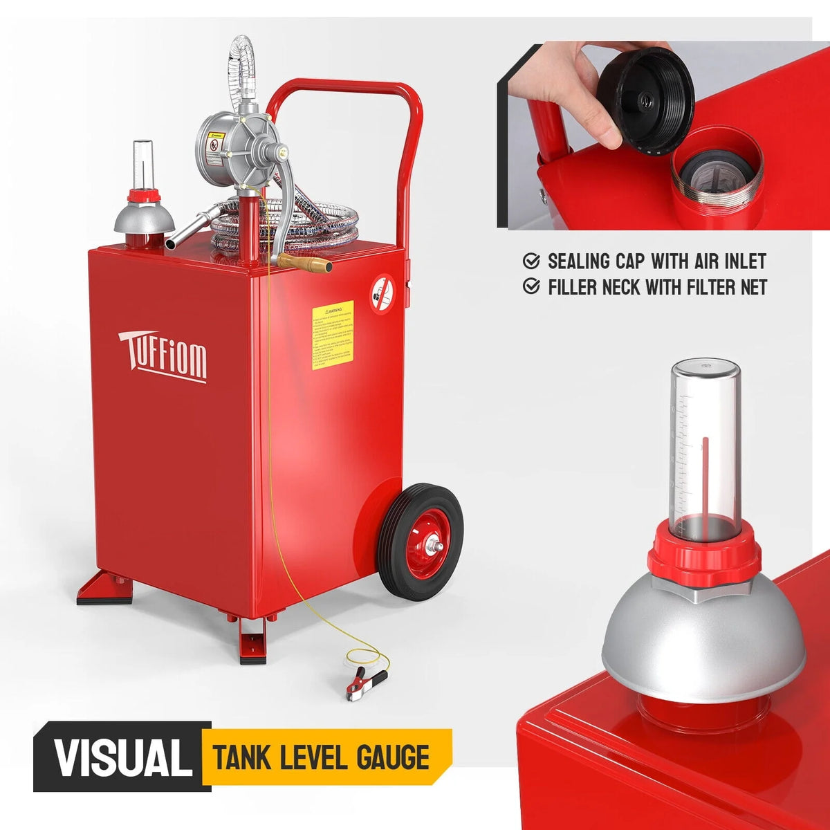 TUFFIOM 20 Gallon Gas Caddy with Wheels, Gasoline Diesel Fuel Transfer Storage Tank with Pump, Red