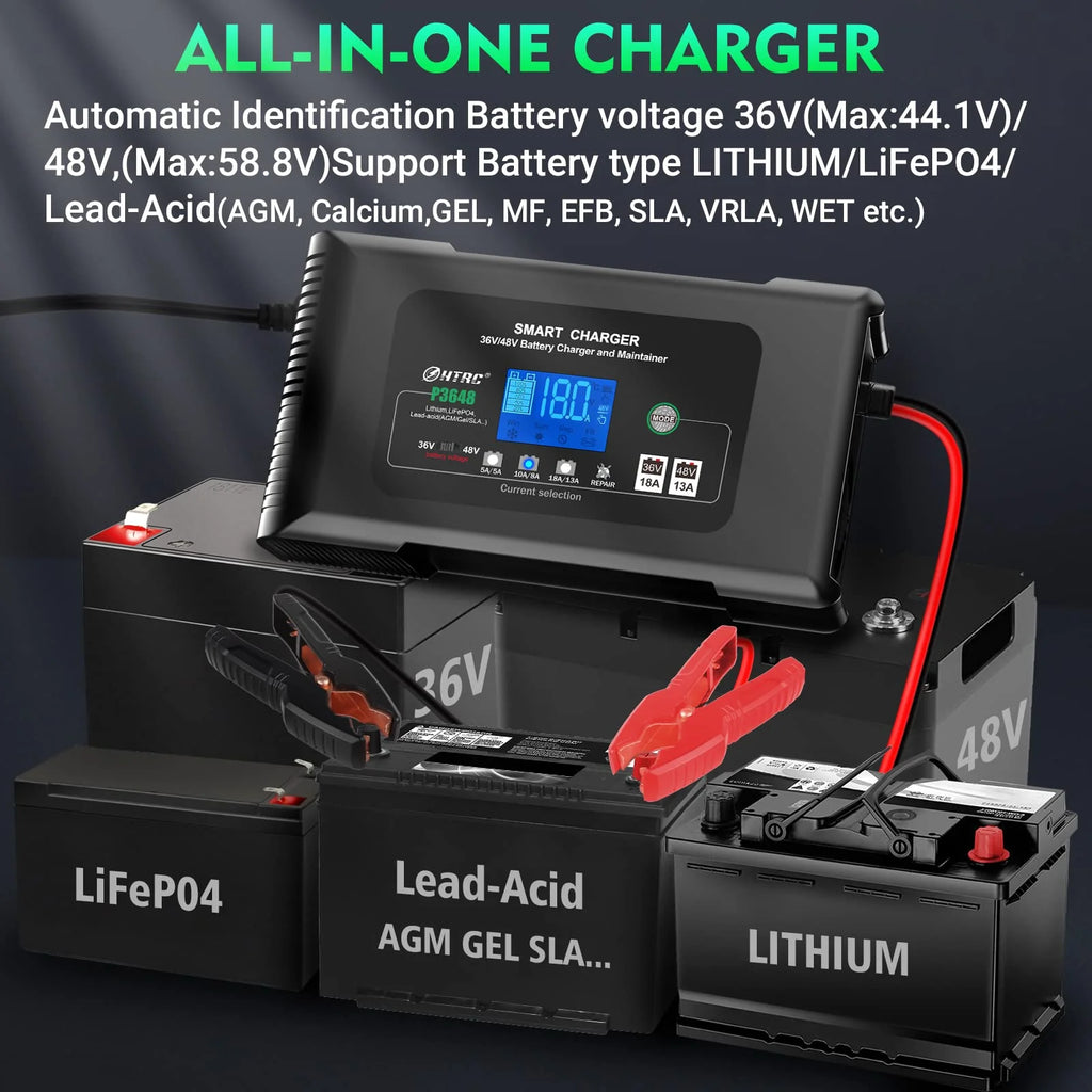 HTRC 36 Volt Golf cart Charger 18-Amp Smart Charger, Car Battery Charger,Trickle Charger,36V,18-Amp and 48V,13-Amp,Lithium,LiFePO4,Lead-Acid AGM/Gel/SLA.Battery Charger, for EZGO TXT,Car, Boat.