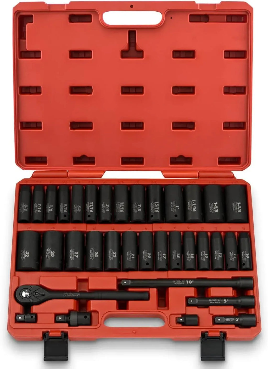 02448A 1/2 Drive Master Impact Socket Set, 65 Piece, Standard SAE (3/8-1-1/4) & Metric (10-24 mm) Sizes, Deep & Shallow Kit, Includes Adapters & Ratchet Handle