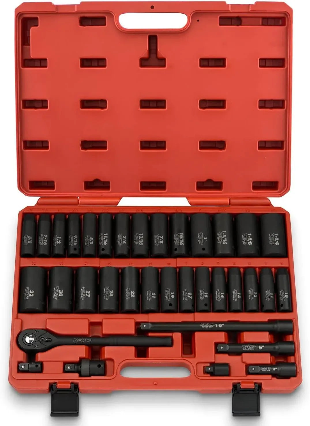 02448A 1/2 Drive Master Impact Socket Set, 65 Piece, Standard SAE (3/8-1-1/4) & Metric (10-24 mm) Sizes, Deep & Shallow Kit, Includes Adapters & Ratchet Handle