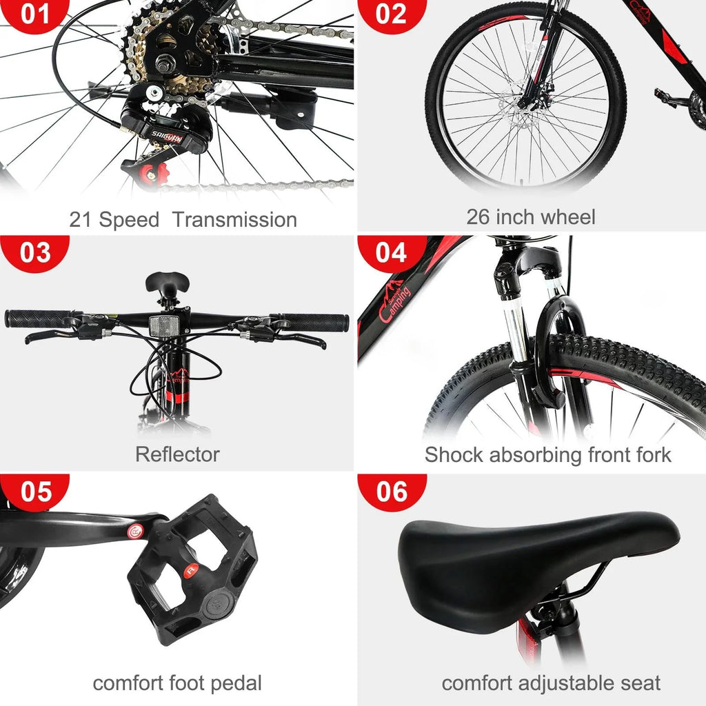 CamPingSurvivals 26 Lightweight Explorer Mountain Bike, for Men and Women Exercise Fitness, 21-Speed, Red/Black