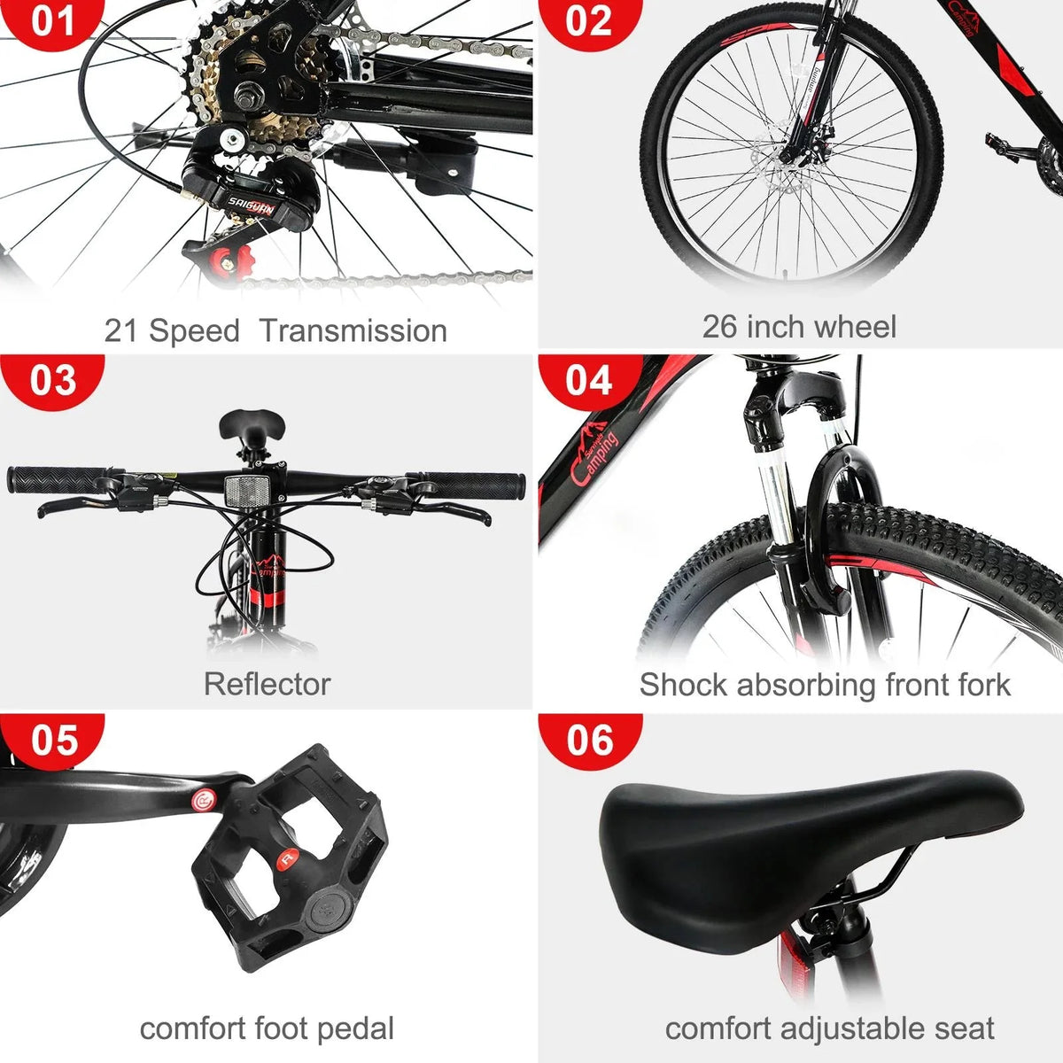 CamPingSurvivals 26 Lightweight Explorer Mountain Bike, for Men and Women Exercise Fitness, 21-Speed, Red/Black