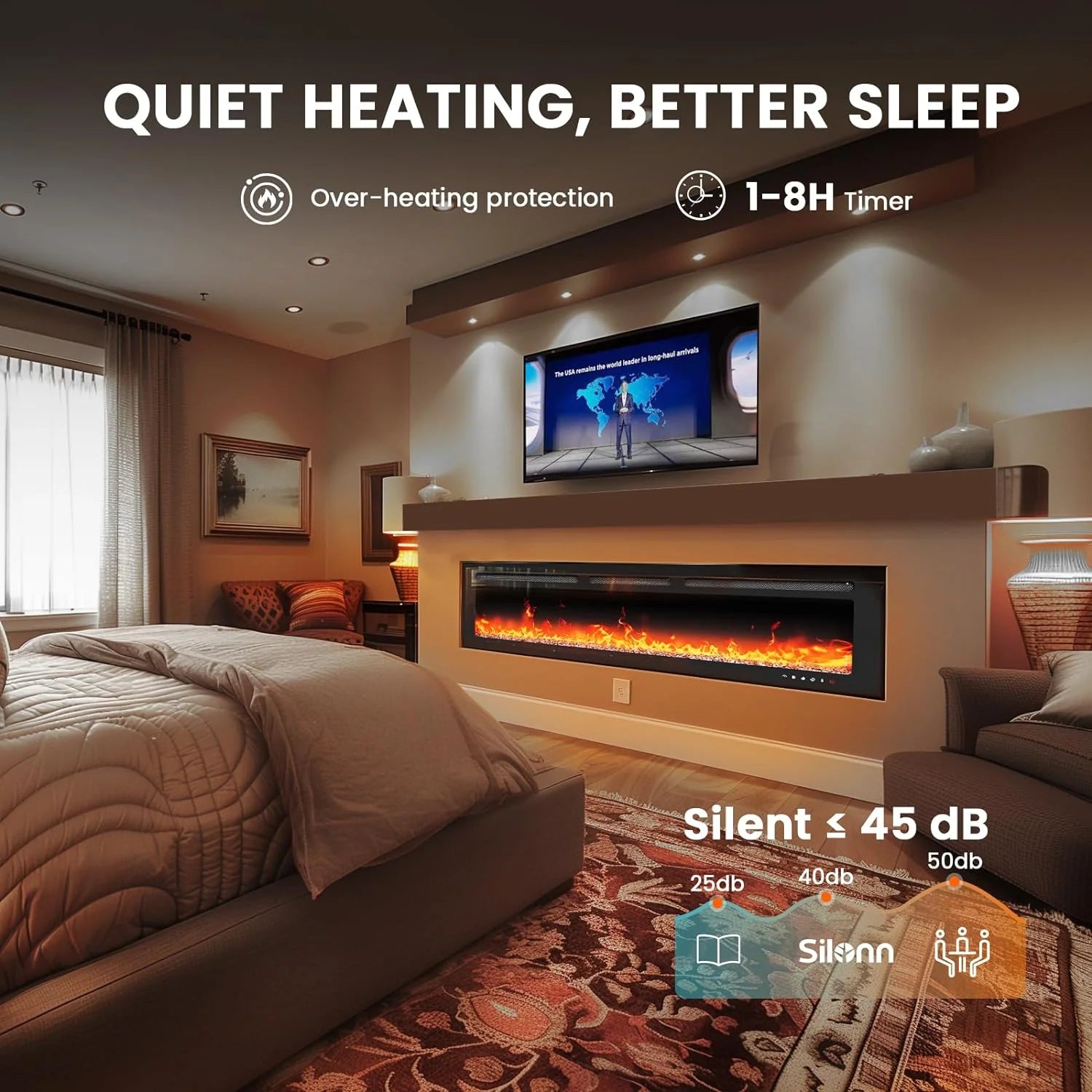 Silonn 50��Smart Electric Fireplace Heater with App & Remote Control, 5300 BTU Heat Output, Ultra-Slim Wall-Mounted or Recessed Electric Fireplace Inserts with Timer, 20 Flame Colors,WiFi Enabled